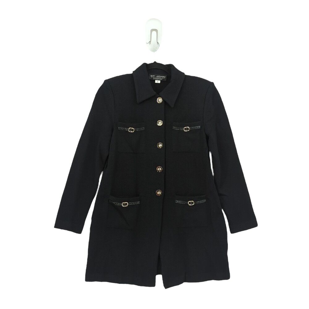 St John Women 2 Cruise 2002 Jacket Black Santana Knit Long Gold Buttons Vintage